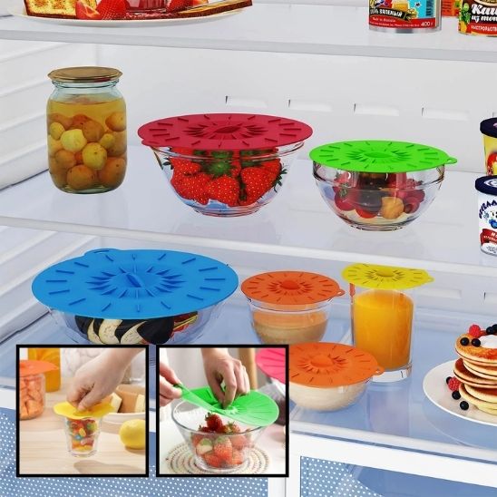 Lot de 5 couvercles de protection en silicone pour aliments frais, réutilisables, pour mettre sous vide facilement, micro-ondes, casseroles.