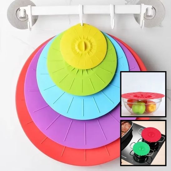 Lot de 5 couvercles de protection en silicone pour aliments frais, réutilisables, pour mettre sous vide facilement, micro-ondes, casseroles.