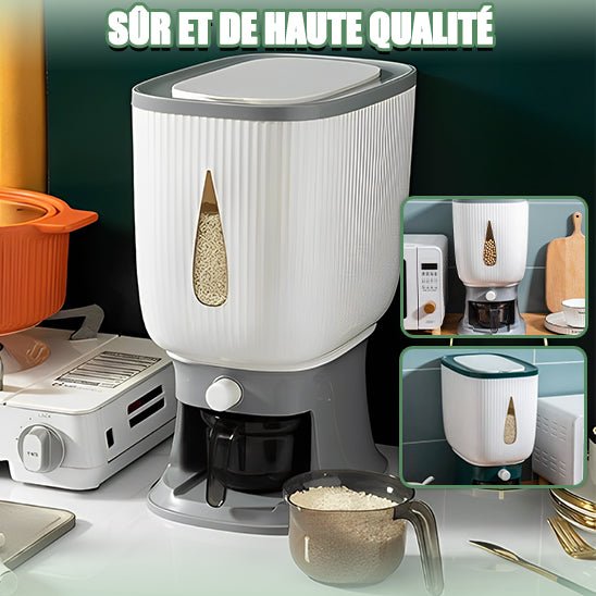 Distributeur de riz de 10 kg, récipient de stockage hermétique pour céréales, boîte de rangement avec couvercle, cylindre de mesure - Macuisinepourtous