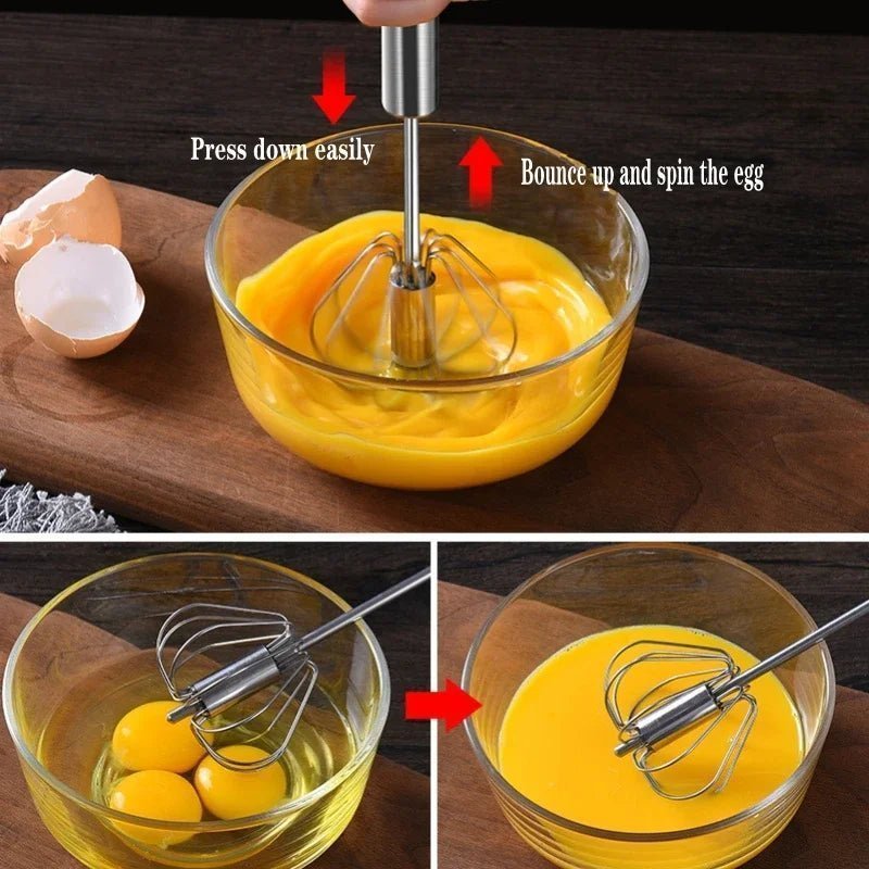 Fouet à œufs semi - automatique à pression manuelle Accessoires de cuisine en acier inoxydable Outils Ustensiles à crème à rotation automatique Fouet Mélangeur manuel - Macuisinepourtous